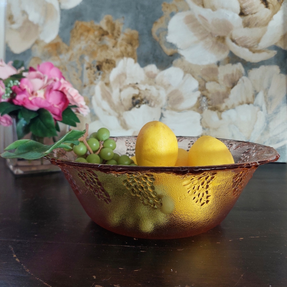 1990s KIG Grape Cluster Pink Glass Serving or Salad Bowl